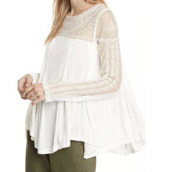 Free People Romantic Jojo Tee Mixed Media Mesh Lace Inset Long Sleeve Top Large - Picture 1 of 8